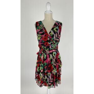 Tahari Arthur S. Levine Womens Dress Tie-Waist Vibrant Floral Size 4 V Neck